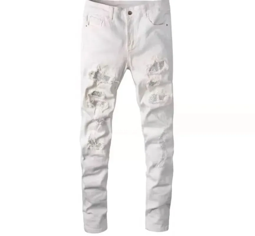 Diamond-encrusted Washed Ripped Patch Patchwork Hot Diamond Jeans Beggar Pants Men — image 7