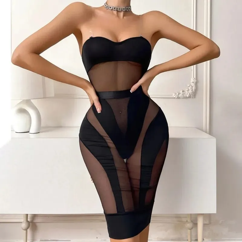 Elegant Hot Sexy Lingerie See Through Bodysuit Half Dress 2PC Set Seductive Splicing Party Queen Costume Erotic Underwear — image 4