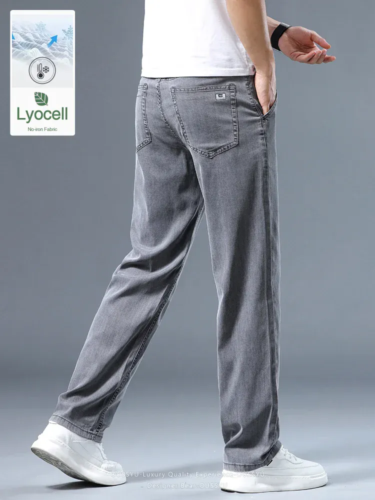 Summer Thin Men's Loose Straight Jeans Lyocell Soft Drape Business Casual Trousers Smoke Gray Ice Silk Pants Plus Size 40 42 — image 2