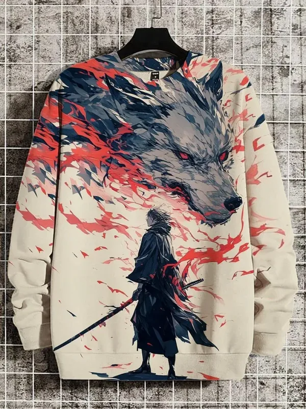 Djurkatttröjor för män Långärmad tröja O-halsmode Cool dagligen 3D-tryckta japanska konsttryck Casual sweatshirts