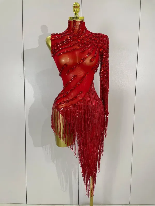 Strass brilhantes borla sexy vestido transparente feminino um ombro roupas de dança latina bar boate festa palco traje — image 8