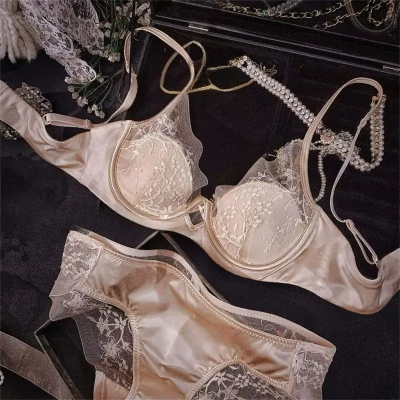 Women French Satin Lace Lingerie Set Push Up Anti Sagging Bra Full Coverage Brassiere Soft Comfort Underwear Daily Use 32‑38AB — image 2