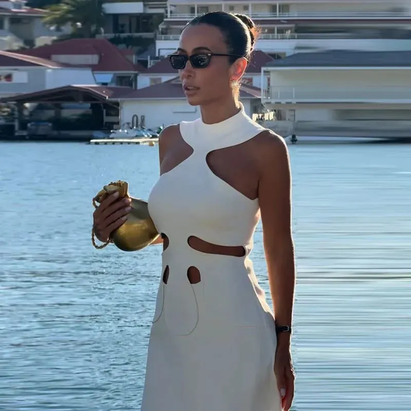 Women Elegant Maxi Dress Keyhole Neckline Braided Trim Sleeveless Backless High Slit Hem Solid Dresses 2026 Summer Fashion Gown — image 9