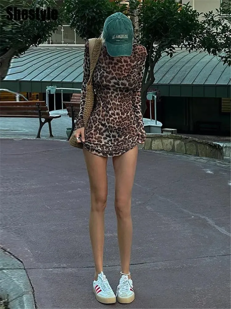 Shestyle Leopard Sexy A-Line Dress Women Two Piece Sets Mesh See Through Fashion Extremely Hot High Street Animal Print Naka-istilong — image 3
