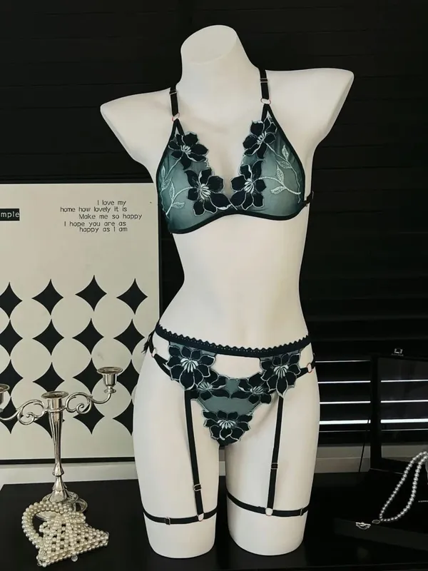 3Pcs/Set Flower Sexy Bra Set Women Bralette Girls Lace Underwear Thong Erotic Transparent Bras Lingerie Panty Sets — image 3