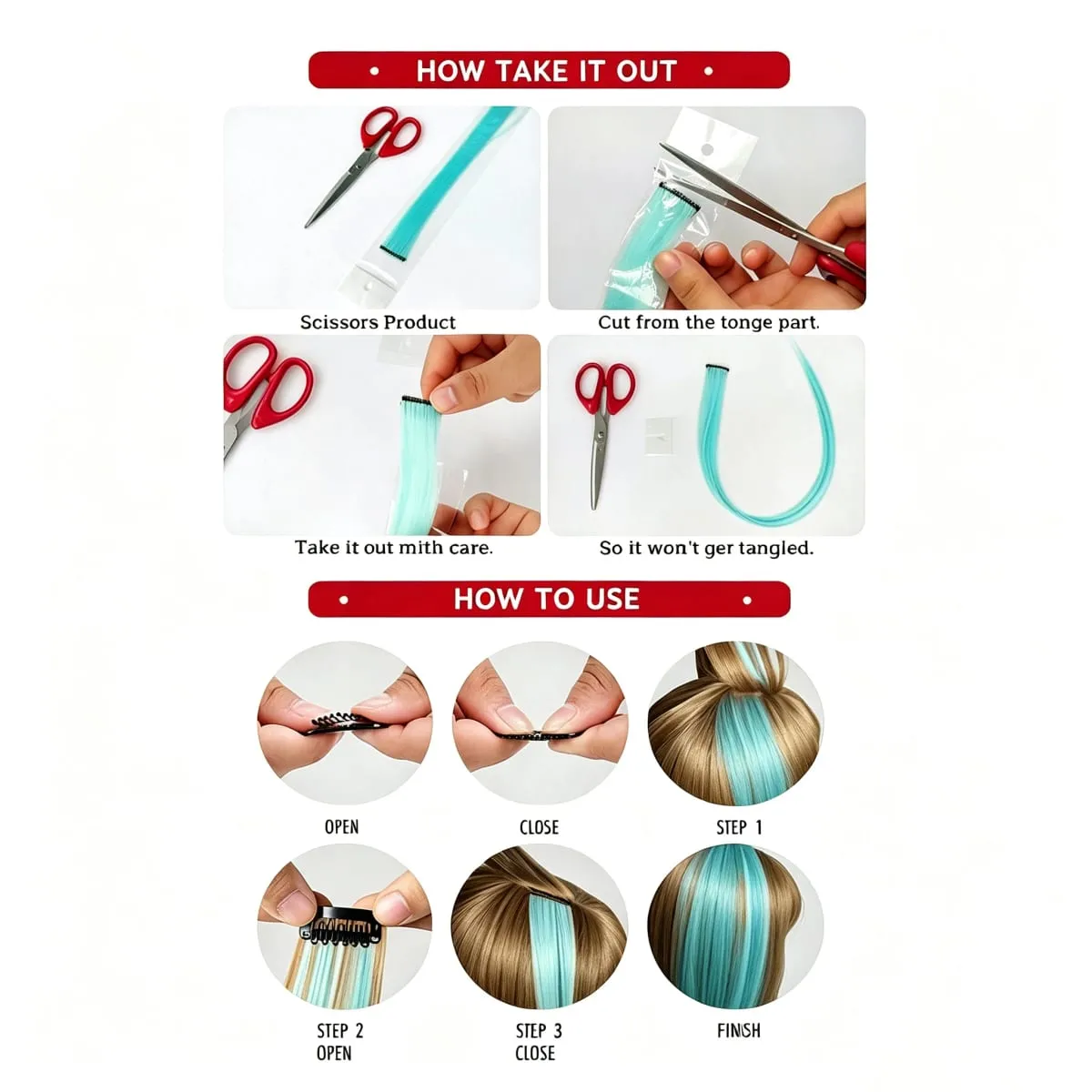 Extensions de cheveux synthétiques à Clip bleu clair, 6 pièces, Extensions de cheveux synthétiques Cyan brillant, couleur lisse, reflets
