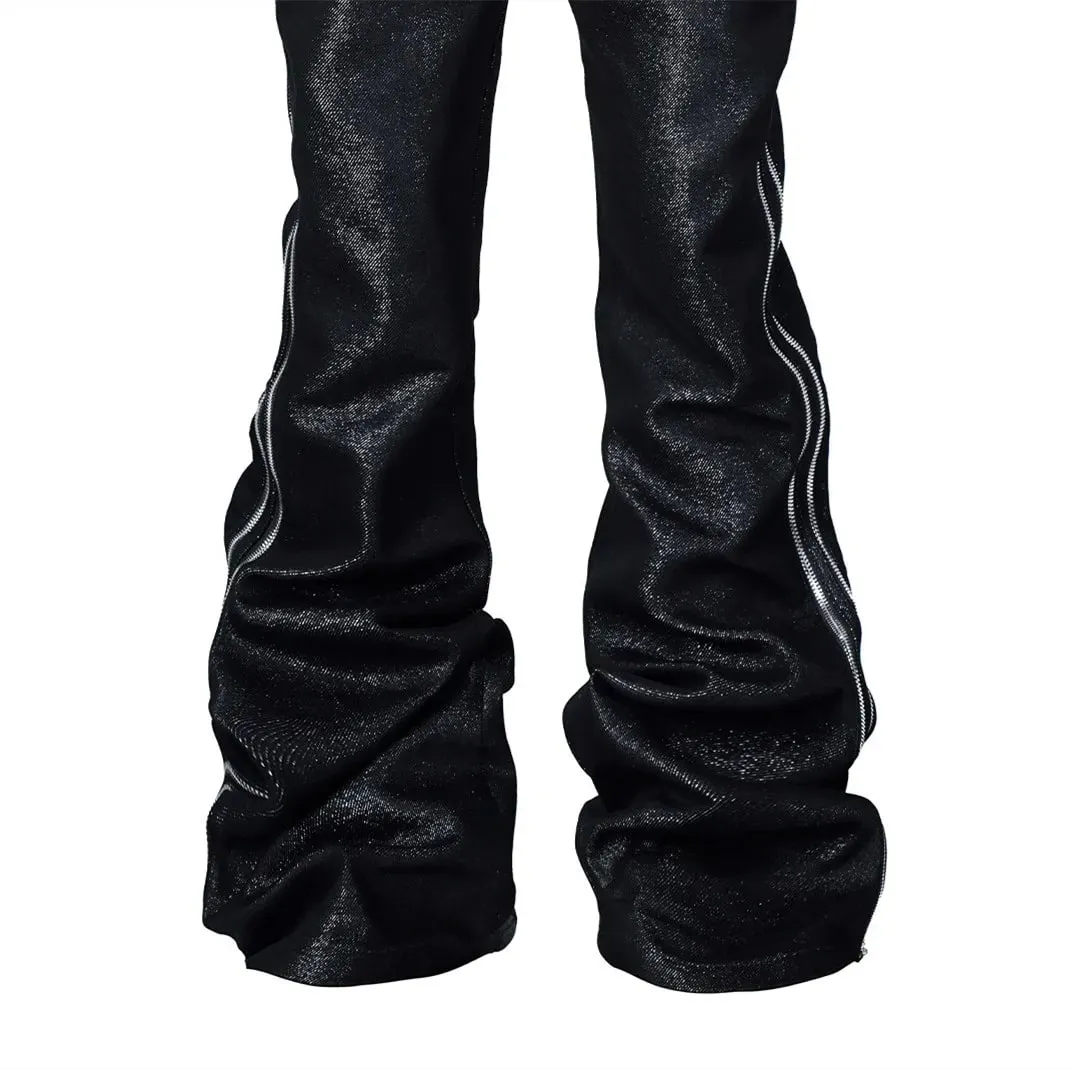 High Quality Silver Thread Woven Metal Texture Bootcut Jeans Man Side Double Zippers Gothic Punk Stacked Jeans — image 6