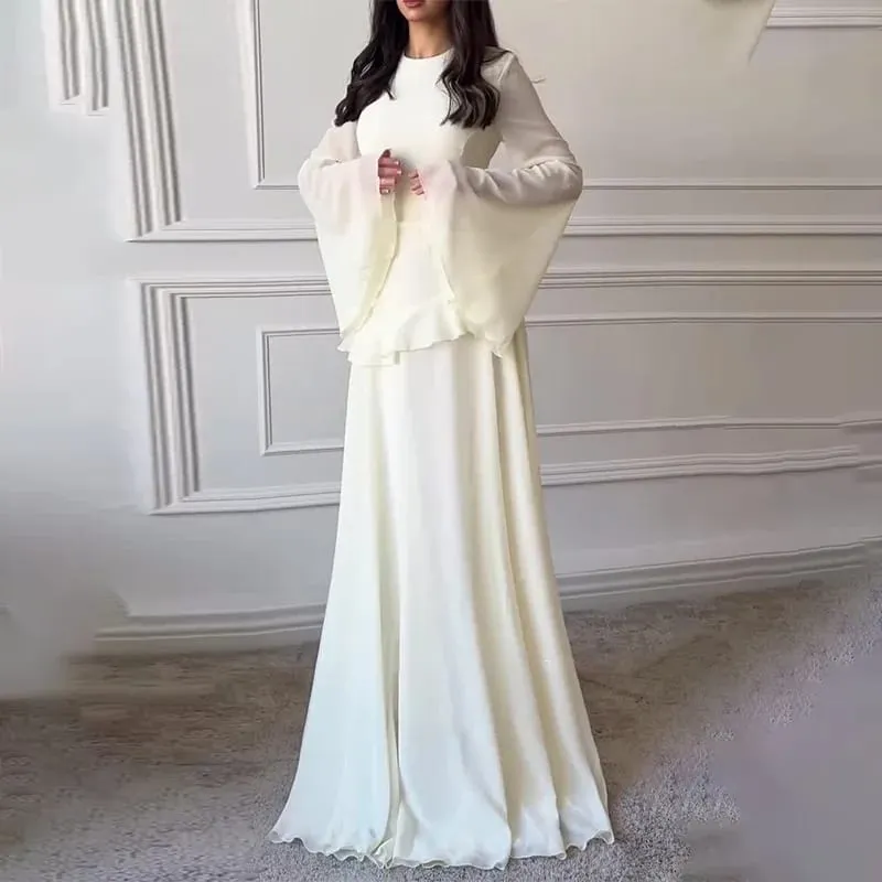 Mulheres chiffon sólido babados vestido alargamento manga em torno do pescoço 2025 novo elegante maxi vestido de festa à noite moda férias senhora