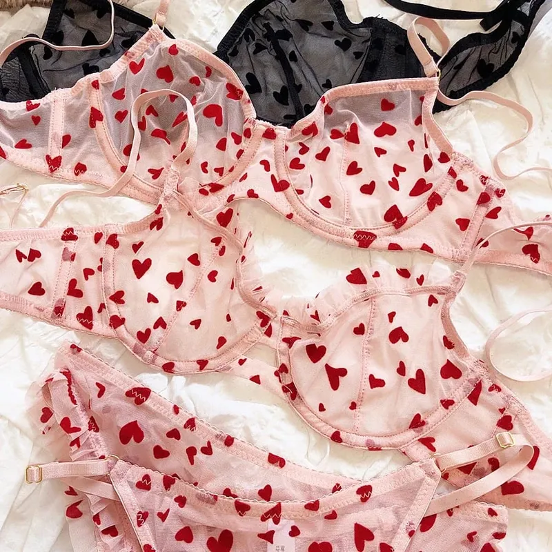 2 peças conjunto de lingerie sexy ultra fino respirável sutiã para mulher push up sutiã conjunto verão malha romântico pêssego coração íntimos — image 3