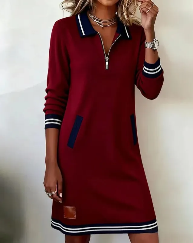 Autumn Winter Fashionable Versatile Women's Dress Casual Contrasting Color Splicing Lapel Long-sleeved Loose Dress With Pockets — image 11