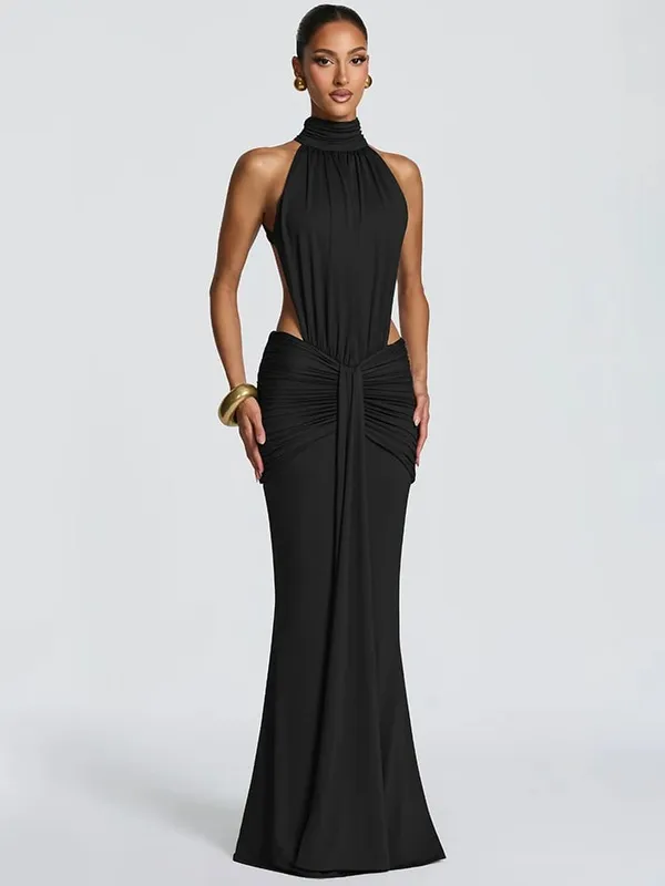 Mozision Turtleneck Backless Sexy Maxi Dress Women Gown Elegant Off-shoulder Sleeveless Ruched Bodycon Club Party Long Dress — image 7