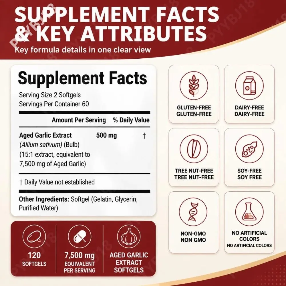 Aged Garlic Extract Softgels 7500mg Equivalent per Serving for Circulation & Heart Function Antioxidant & Immune Support 120Ct — image 3