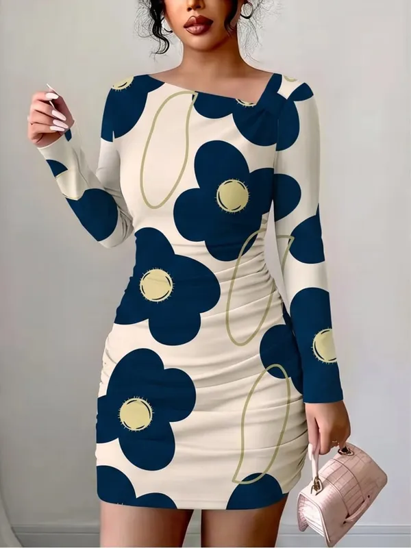 Women's Casual Comfortable Slanted Shoulder Collar Dress with Flower Print Long Sleeves Waist Bag Hip Mini Skirt Length