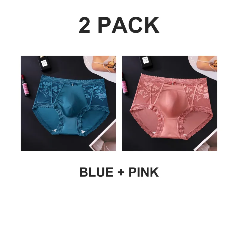 2 Pack Mens Mid Rise Satin Lace Briefs 3D Pouch Rhinestone Bow High Elastic Scalloped Trim Smooth