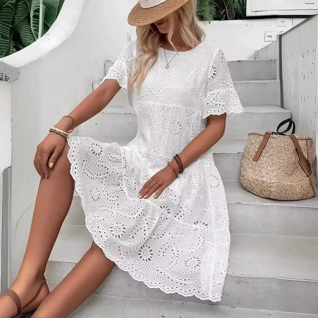 Pambabaeng White Eyelet Embroidery Midi Dress Hollow-out Boho Flowy Ruffle Tiered Dress Casual Short Sleeve Summer Beach Dresses — image 4