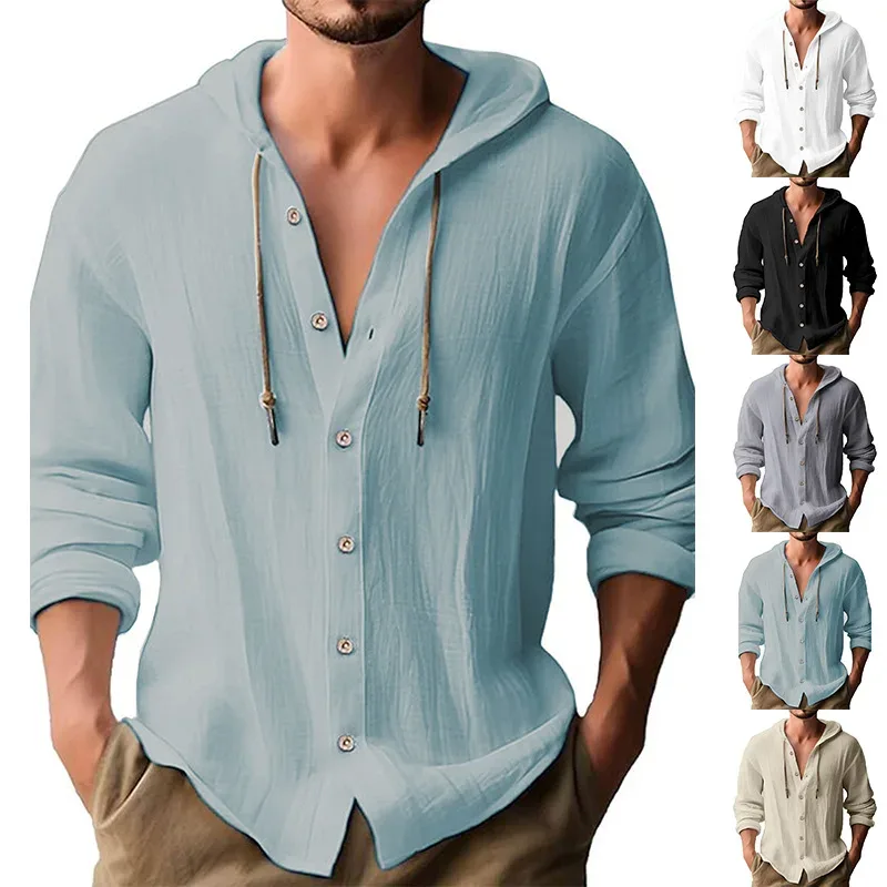 Solid Color Casual Shirt ng Lalaki na Naka-hood na Drawstring na Cotton at Linen na Cardigan Trendy at Versatile Loose Beach T-Shirt — image 3