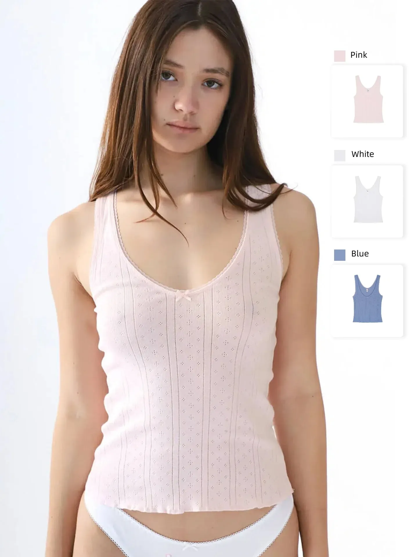 COU Pink and White Lace Trim V-Neck Backless Top Custom Dyed Pure Cotton Jacquard Comfort Fabric — image 2