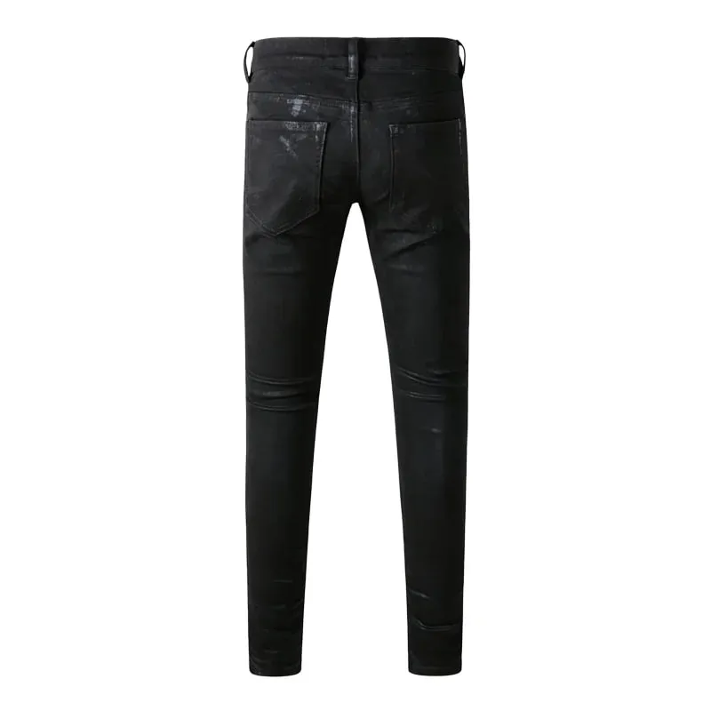 Men's Black Coated Slim Tapered Jeans Washed Distressed Design Button Fly High Street Style