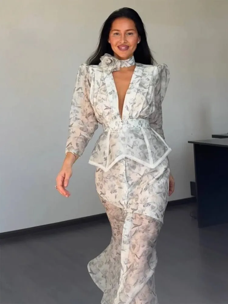 Chic Puff Sleeve Flora Printed Maxi Dress V-neck Waist Cinching Split Elegant Women's Dresses for Party 2026 Female Clothing New — image 2