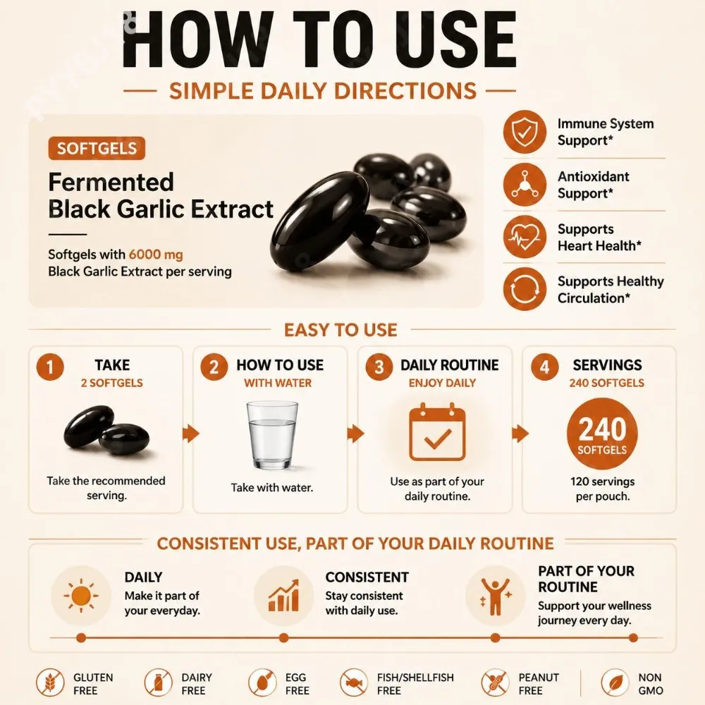 Fermented Black Garlic Extract Softgels 6000mg Equivalent Supplement for Daily Wellness Antioxidant Immune Support 240 Softgels — image 5