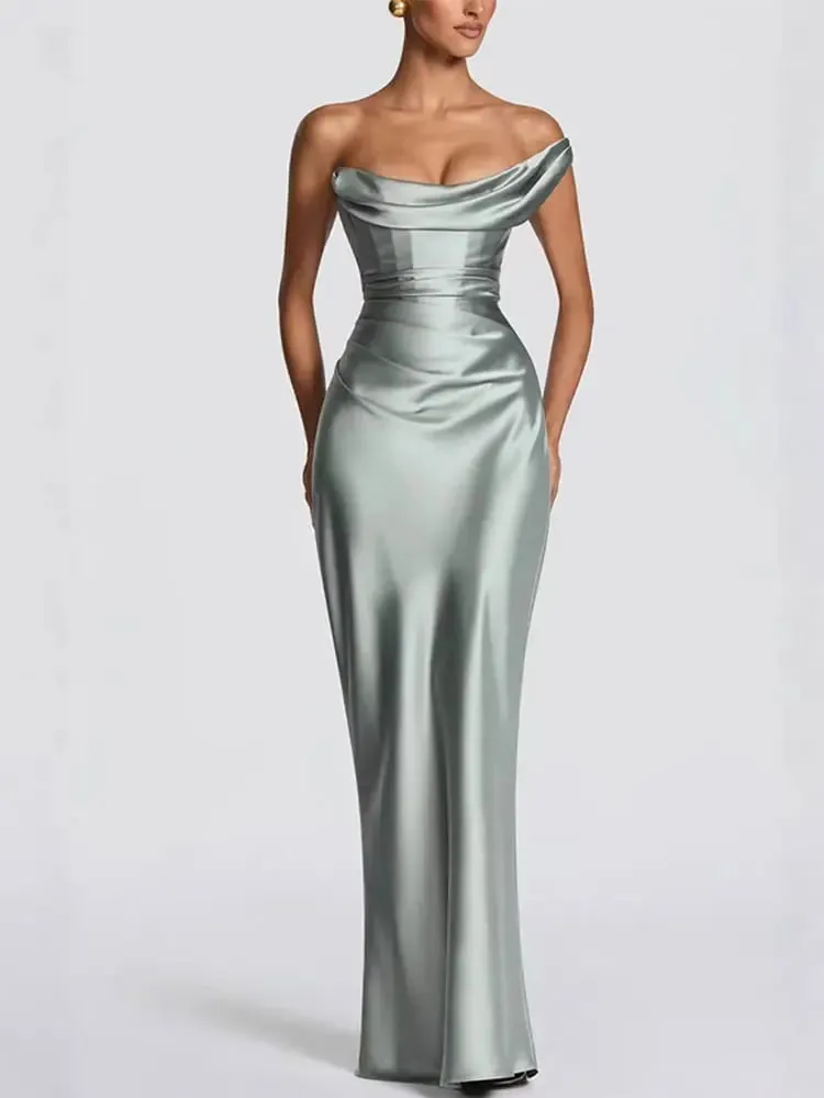Fashion Women's Satin One Shoulder Long Dress Bandage Pleated Backless Sleeveless Dresses 2026 Summer Lady Party Evening Robes — image 3