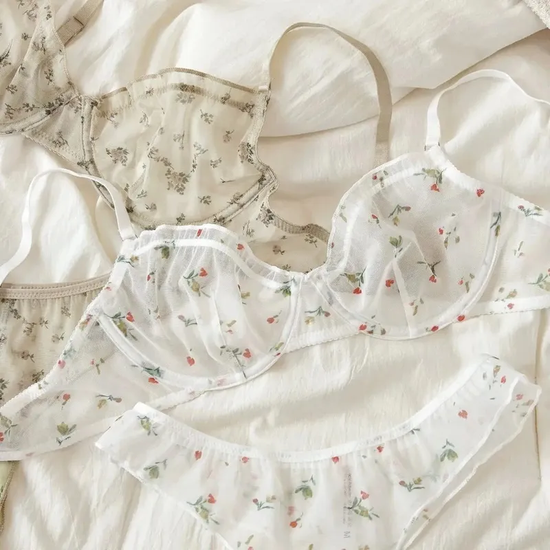 French Ultra Thin Lingerie Set Sexy Lace Floral Prints Bra Fashion Women Underwear Mesh Breathable Intimates Bras and Thong Sets — image 6