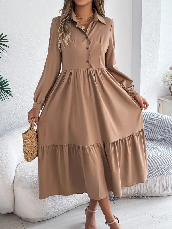 Women Fall Elegance Lapel Collar Button Front Shirt Dress Ruffle Trim Solid Midi Long Sleeve Wedding Dresses — image 4