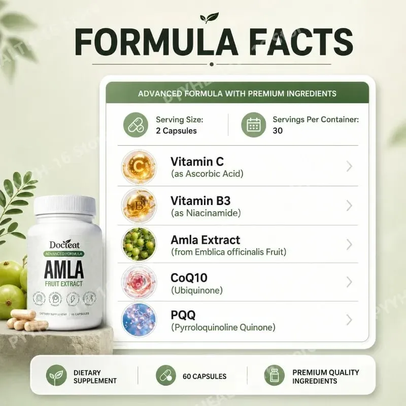 Docteat Amla Fruit Extract Capsules Immune Function Support Support Skin Health Support na may Vitamin C B3 CoQ10 PQQ 60 Capsules — image 3