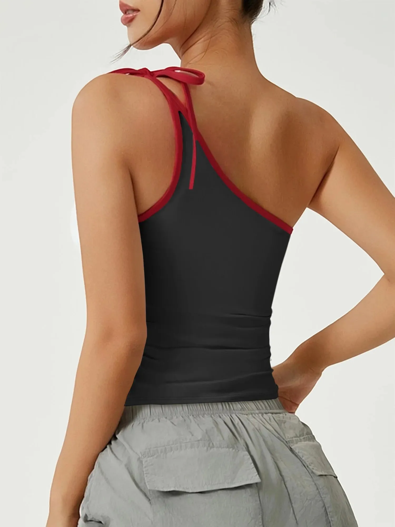 Asymmetric One Shoulder Tie Strap Tank Top Women Red Contrast Trim Slim Fit Crop Cami Summer Y2K Sleeveless Vest — image 4