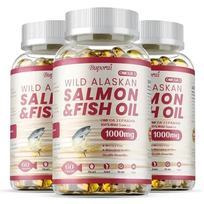 Óleo de peixe salmão - rico em EPA + DHA apoia a saúde das articulações, do cérebro e dos olhos, melhora a função imunológica e é antioxidante
