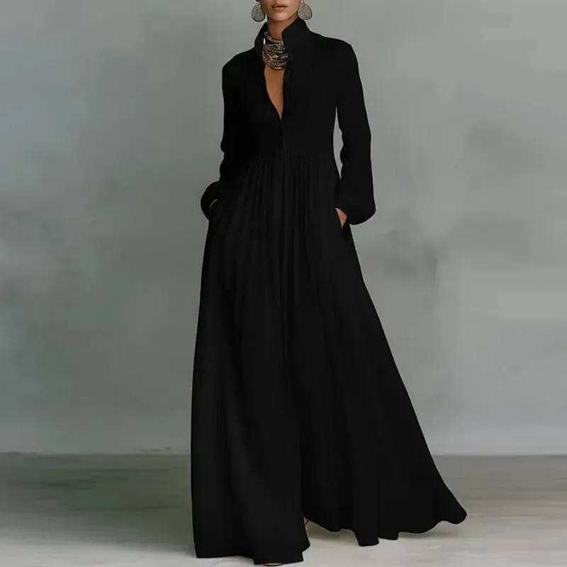 French Elegant High Waist Swing Long Dress Woman Spring Solid Pockets Pleated Maxi Dress Autumn Long Sleeve Button Evening Dress — image 3