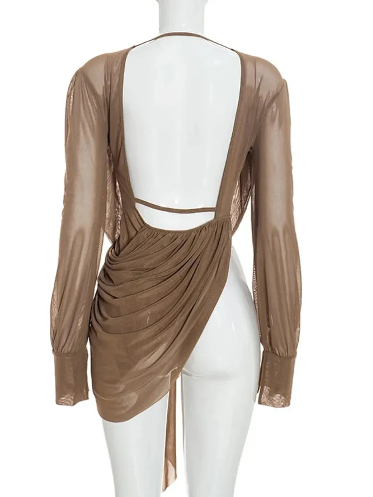 Beyprern Chic Y2K Aesthetic Plunging Neckline Mesh Top Female Draped Asymmetrical Long Sleeve Cover Up Blouse Night Out Clubwear — image 5