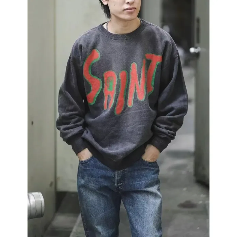Saint Hoodies Terry Material O-Neck Coat Arrival Washing Retro Oversize Badge Loose Black Men Women Long Sleeve Cotton