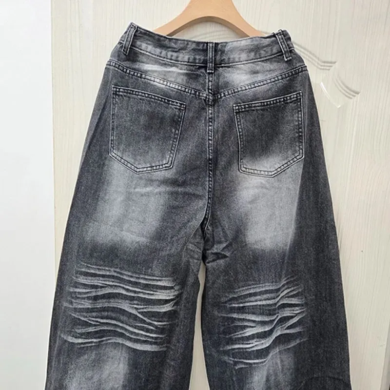 High Street Y2k Ripped Jeans With Embroidered Letters And Beaded Decorations Wide With Pleated Prints Loose Straight Leg Pants — image 1