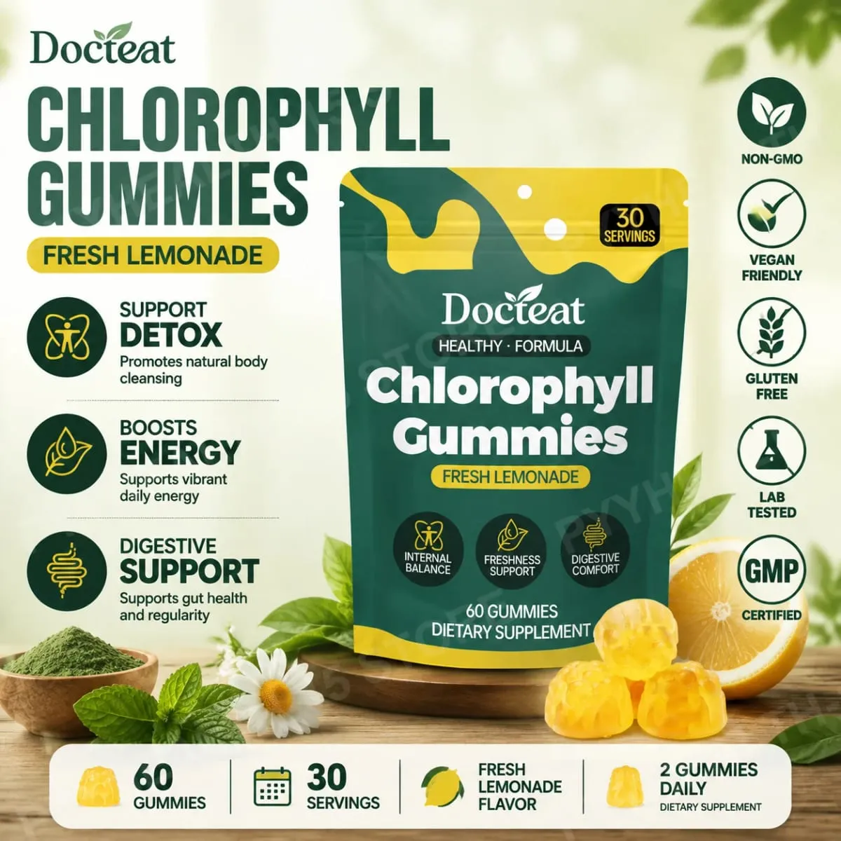 Docteat Chlorophyll Gummies Lemonade Gut Nutrition Balance with Prebiotic Inulin and Apple Fiber Digestive Wellness 60 Gummies — image 2