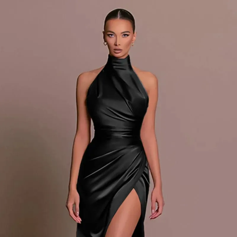 2026 Retro Style Satin Halter Maxi Dress Elegant Waist Slimming High Slit Party Formal Events Solid Color Minimalism Long Skirt — image 6