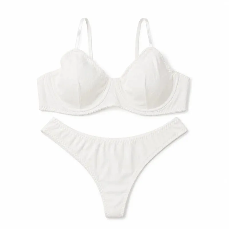 Conjunto de lingerie feminina sólida com nervuras, sutiã com copo fino, tanga de cintura baixa, macio, íntimo diário — image 7