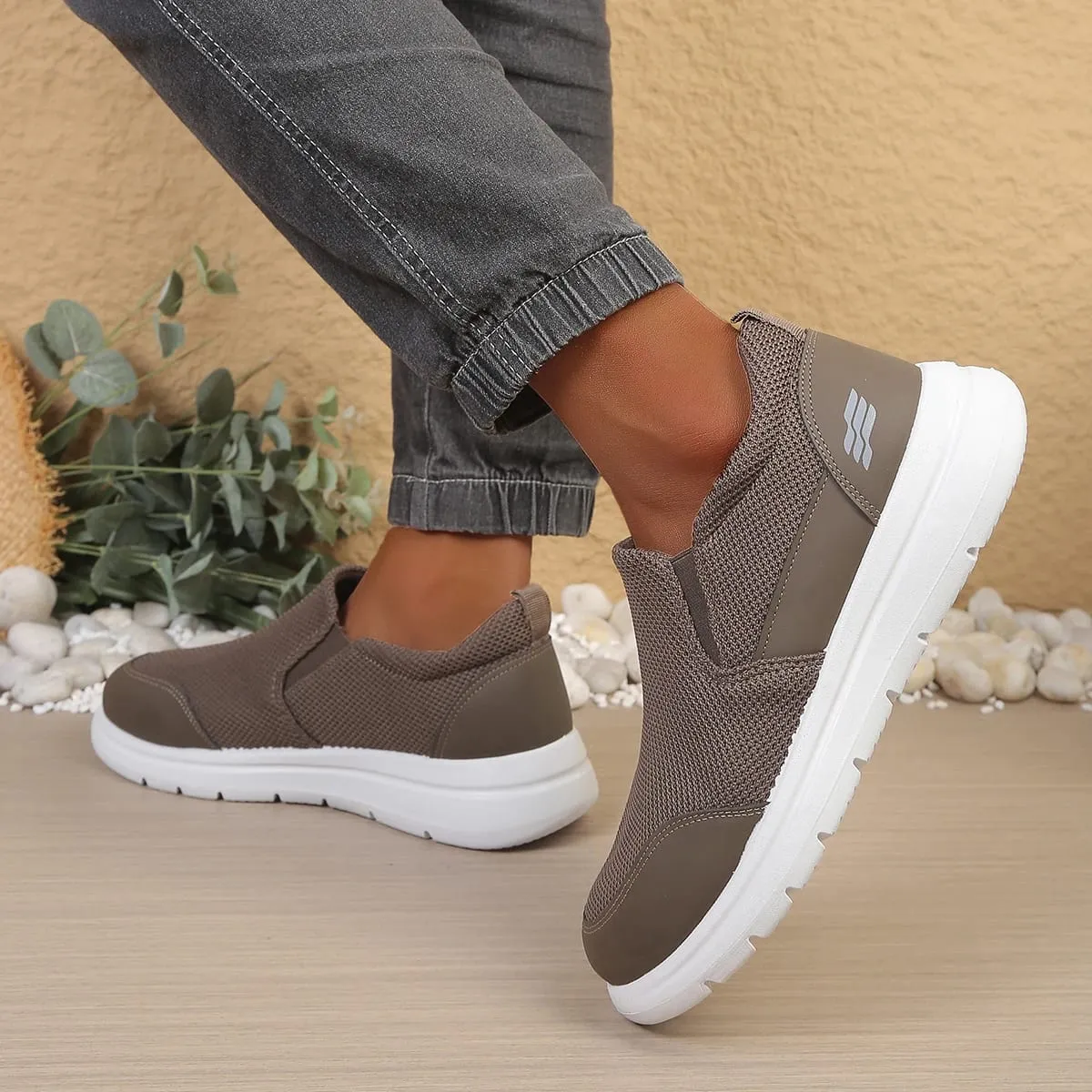 Men's slip-on hollow mesh walking loafers spliced smooth toe overlay dual elastic side gussets block segmented white outsole d — image 3