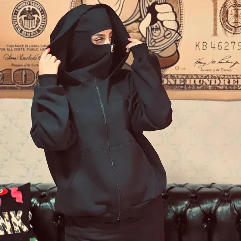 2025 Autumn Men Balaclava Y2K Gothic Harajuku Winter New Item Double Hooded Sweatshirt Men's Hooded Mask Zipper Sportswear Women — image 7