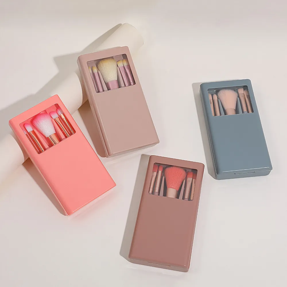 Portable Mini Makeup Brush Set with Mirror Case 5Pcs Travel Makeup Brushes for Foundation Eyeshadow Concealer