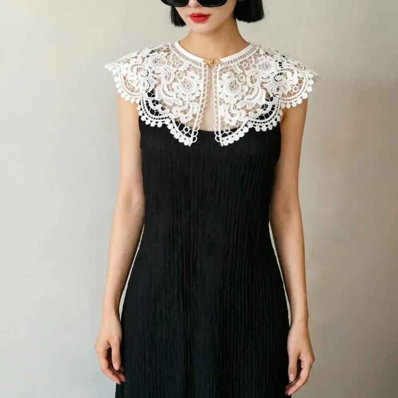 Pleated Sleeveless Elastic Long Dresses Women Vintage Palace Style Womens Black White Doll Fake Collar Soft Midi Dress Clothing — image 20