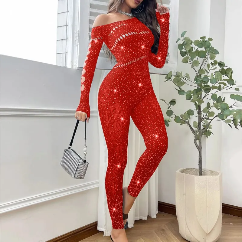 Women Sexy Mesh Rhinestone Jumpsuit Long Sleeve See Through High Stretch Body Stockings Jumpsuit Club Plus Size Stock Lingerie