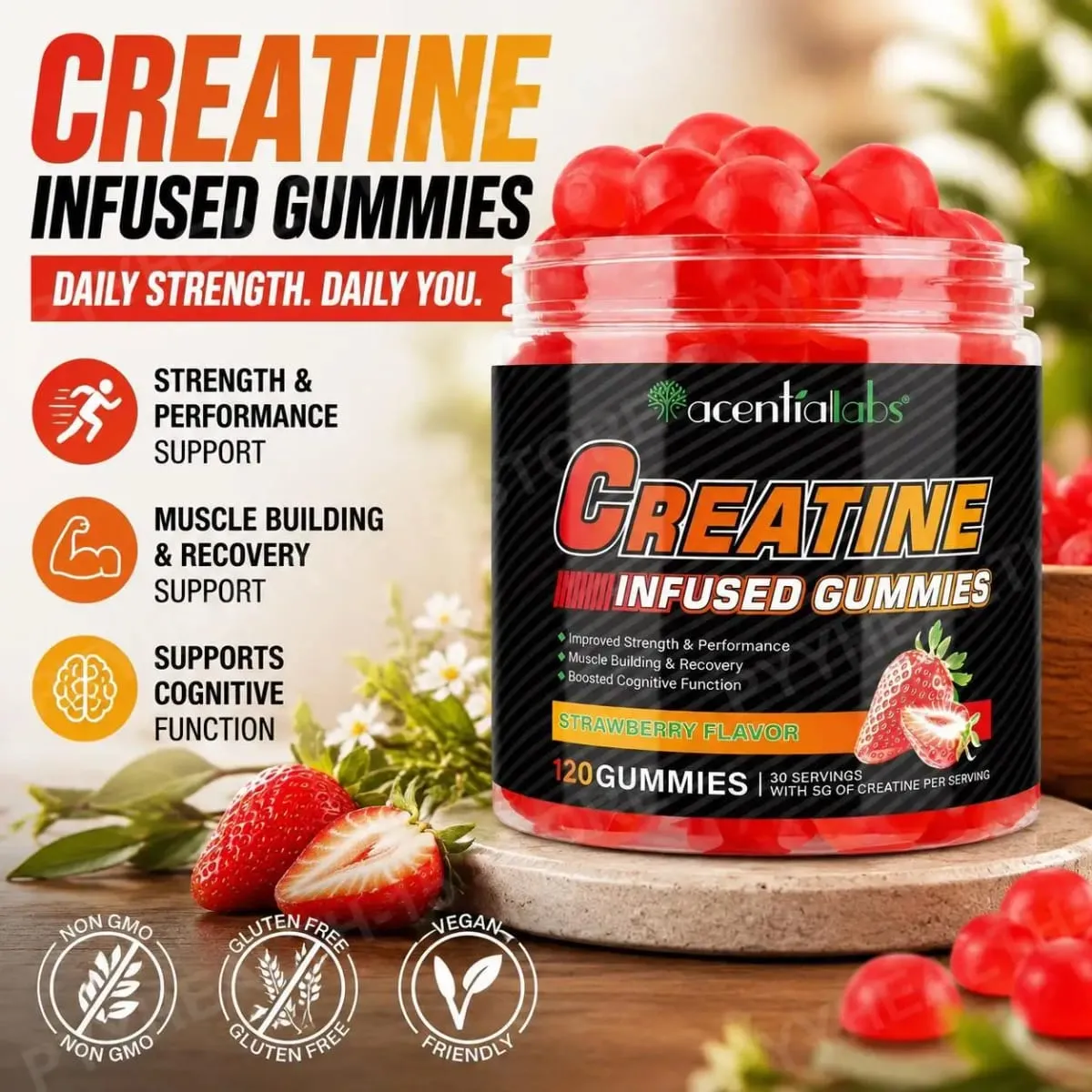 Acentilabs Creatine Monohydrate Gummies for Strength and Performance Muscle Building and Recovery Strawberry 120 Gummies