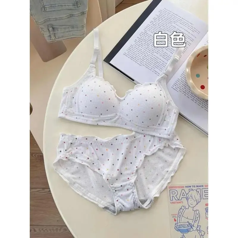 White Polka Dot Wireless Bra for Teens Push Up Bust Retraction Support Non Padded Bralette Set Small Chest Anti Sagging MOYISU