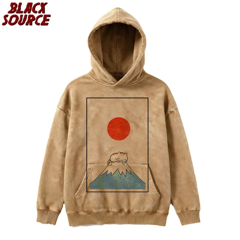 T126 Funny Cat Graphic Hoodie, Japanese Cat Printed Pullover Sweatshirt, Men's Women's Harajuku Casual Streetwear