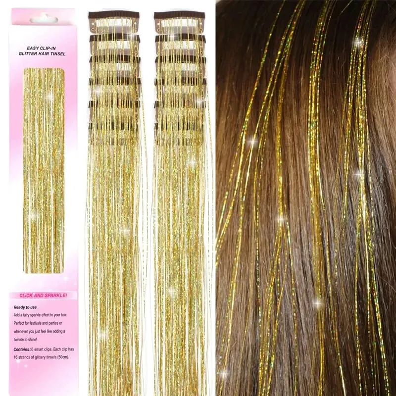 12pcs 20inch Tinsel Hair Extensions Wigs Colorful Shiny Artificial hair extensions Clip in Women Hairpieces for Daily Party Wear — image 9