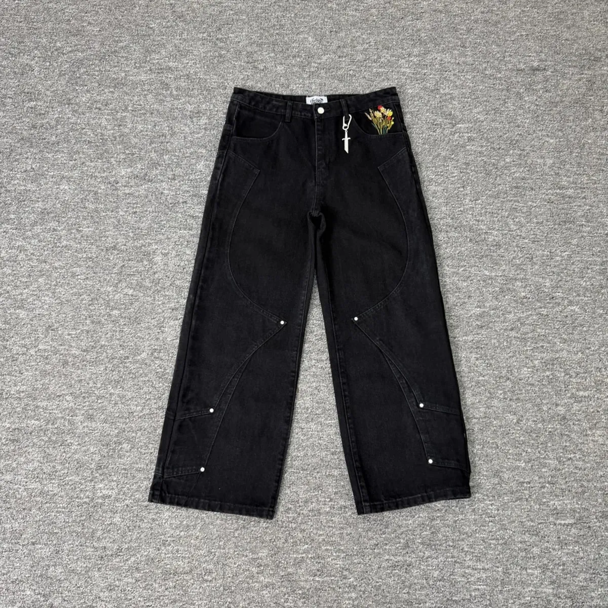 Streetwear Floral Embroidery Washed Baggy Jeans Pants for Men and Women Straight Casual Loose Denim Trousers Oversized — image 2