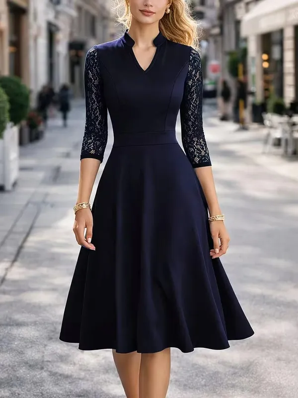 Women Sexy V-Neck Lace 2/3 Sleeve Summer Work Office Knee Length Base Show Thin Temperament Fit And Flare Swing A-Line Dress