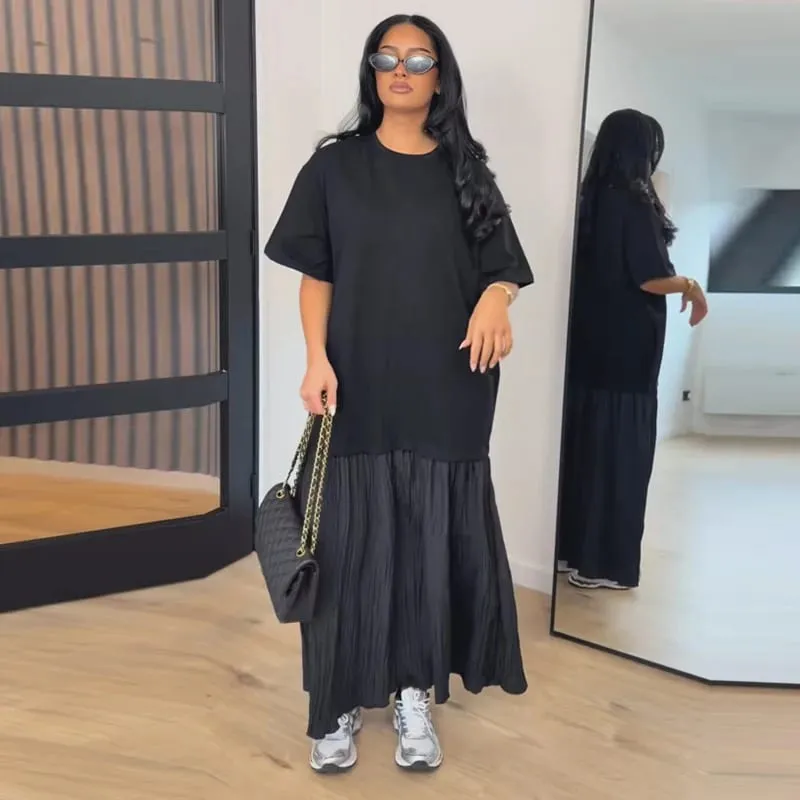 Solid Color Loose Fit Flare Sleeve Tiered Dress Crew Neck Ruffle Hem Pleated Long Maxi Dresses 2026 Spring Chic Casual Outwear — image 9
