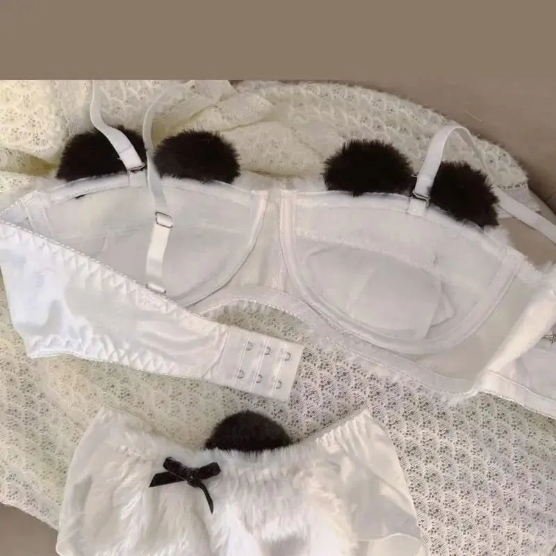 Women Wireless Furry Bra and Panty Set Japanese Cartoon Panda Plush Lingerie